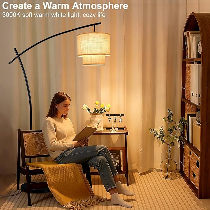 Lightdot Arc Floor Lamp for Living Room, Modern Standing Tall Lamps with Double Linen Shade, Tall Hanging Pole Lamp with Stable Base & Bulb Included for Bedroom/Sofa Beside/Corner Decor-Black