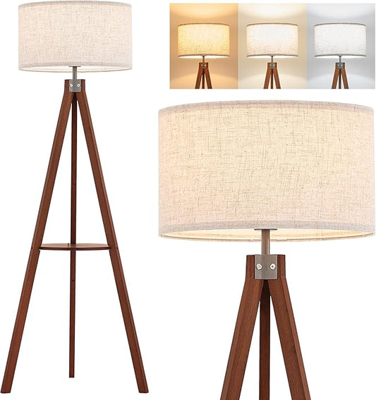 ELYONA Mid Century Floor Lamp with 3 Color Temperatures LED Bulb, Modern Wood Tripod Table Reading Standing Light, Wooden Shelf Floor Lamp for Farmhouse Living Room Bedroom Office Linen Shade Brown