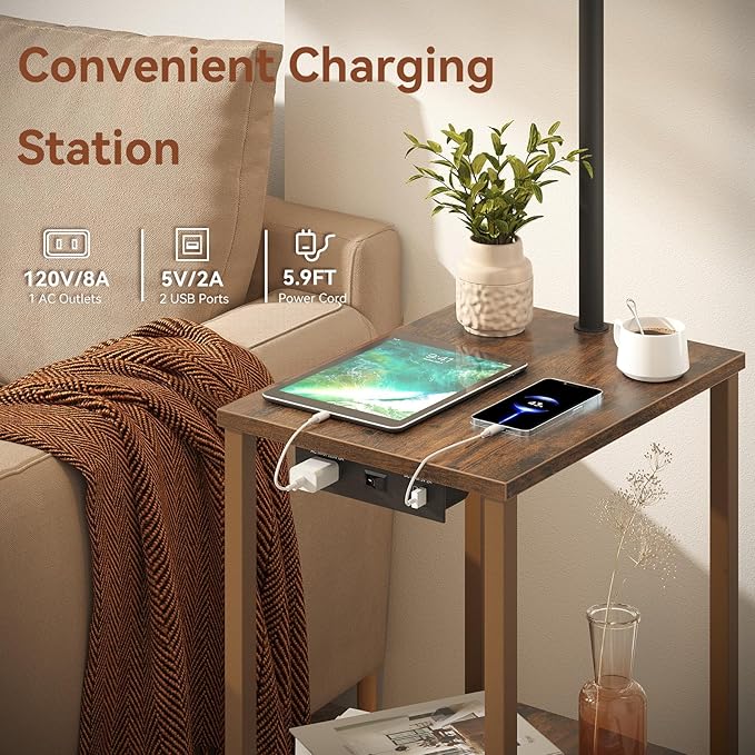 SUNMORY Floor Lamp with Table, End Table for Living Room with Lamp, Shelves Side Table with Charging Station(USB & AC Port), 3 Color Temperature LED Bulb, Modern Nightstand Lamp for Bedroom, Office