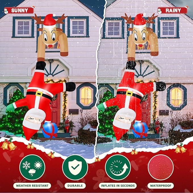 B&D 6FT Christmas Inflatable Reindeer Pulling Falling Santa Outdoor Decorations, Funny Hanging Inflatable Christmas Decorations Built-in LEDs Blow Up Yard Inflatable for Xmas Party Indoor Garden Roof