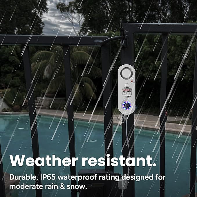 TECHKO Strobe Safe Pool Alarm for Kids, Pets, ETL Listed UL 2017 Compliant, Indoor/Outdor Weather Resistant, LED Strobe Lights & 115 dB Alarm System with Bypass Buttons, Easy Install, White, S287