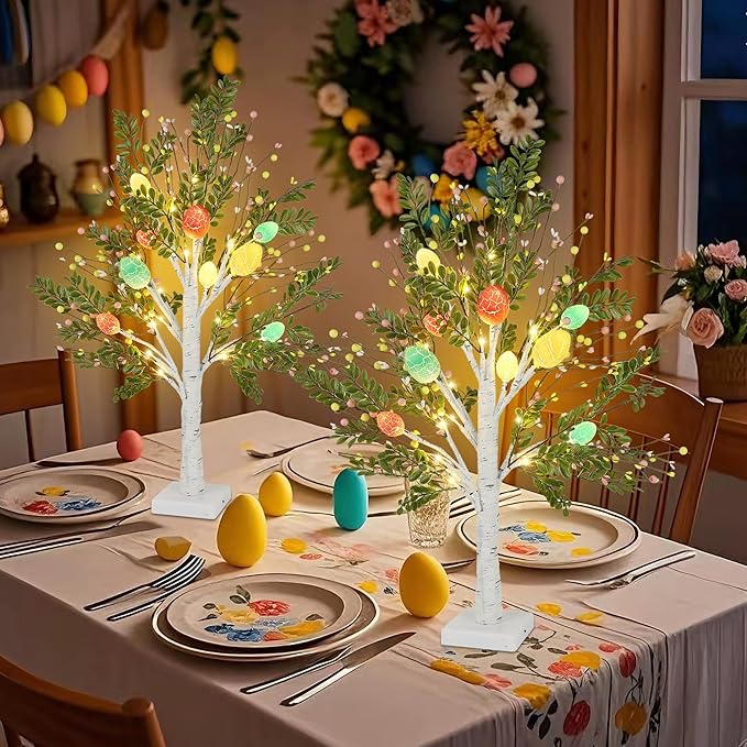 DR.DUDU 27 Inch Easter Decor for Home – 2 Pack Lighted Easter Trees, Light Up Birch Trees with Easter Egg, Tabletop Spring Decor for Mantel Indoor Office