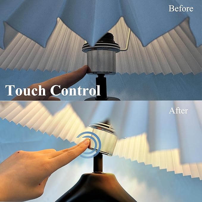 JuGuo 17.2" Ceramic Bedside Lamp - 3 Way Dimmable with USB Port & 4W Bulb - Touch Control Base and Pleated Lampshade - Ideal for Bedroom, Home Office and Living Room Decor.