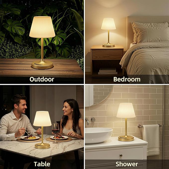 Cordless Table Lamp, Waterproof Shower Lamp, 4000mAh Rechargeable Table Lamps, 3-Color Dimmable Light, Battery Operated Lamp Desk Night Lamp for Bathroom Bedroom Patio Camping Restaurant (Gold)