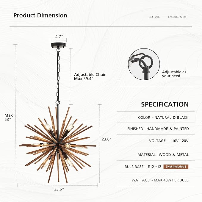 23.6" Farmhouse Sputnik Chandelier for Dining Room Rustic Handmade Natural Wood 12-Light Hanging Ceiling Pendant Light Fixture Starburst Wood Chandeliers for Kitchen Bedroom Foyer Hallway