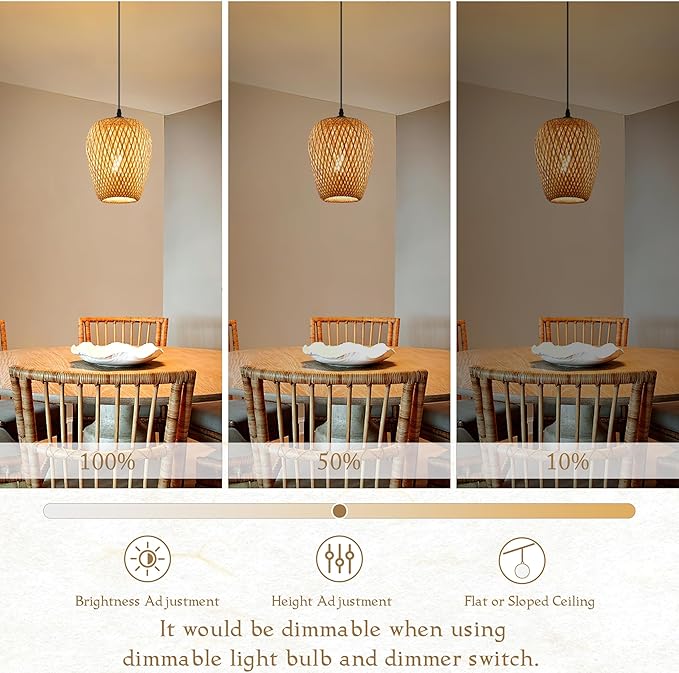 Wicker Pendant Lights Bamboo Pendants Light Boho Chandelier Rattan Pendant Wicker Light Fixture Woven Pendants Lights for Kitchen Island Living Room Dining Room (Bulb Incl.)