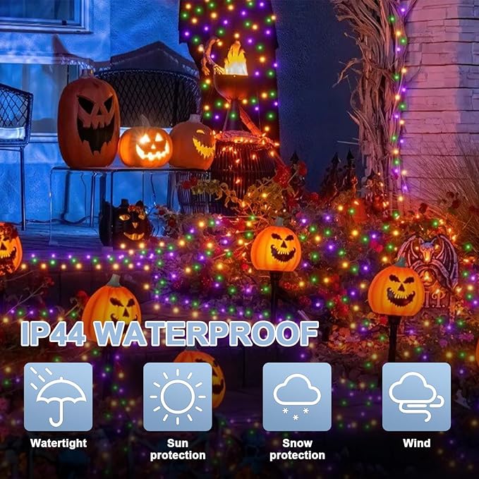 LAMPHOME 66ft Halloween Decorative Mini Lights, 200 LED Brown Wire Fairy Starry String Lights Plug in, 16 Lighting Modes for Halloween Outdoor Party Decoration (Orange/Purple/Green)