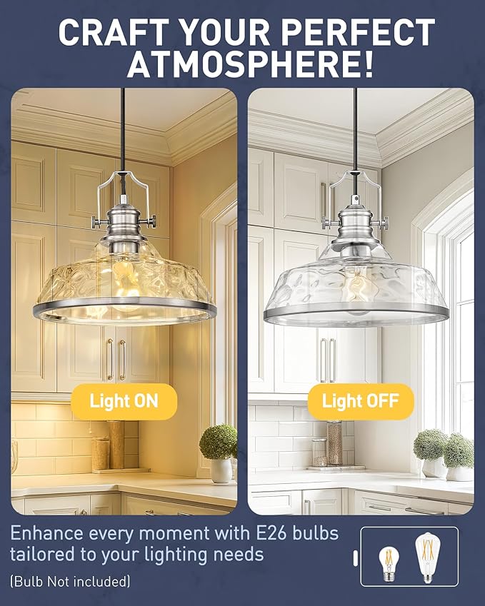 kudos Pendant Lights Kitchen Island, 11" Large Brushed Nickel Kitchen Island Lighting with Clear Hammered Glass Shade, Industrial Hanging Light Fixture for Kitchen Sink Dining Room, KDPL13-BN-H