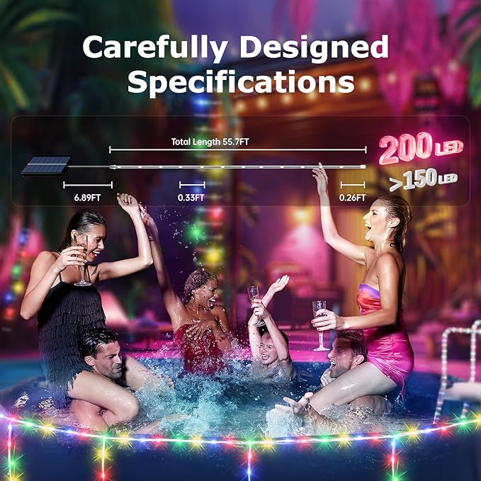 4 + 55.7ft Solar LED Pool Lights for Above Ground Pools – Waterproof 200 LEDs with Remote, 8 Color Modes – Outdoor String Lights for Frame Pools, Trampoline & Above Ground Pool Accessories