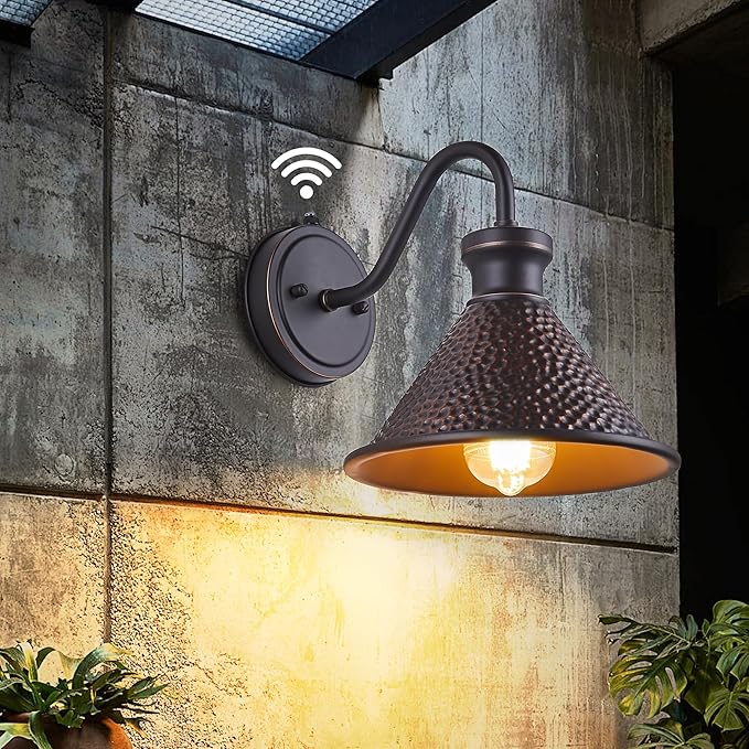 Dusk to Dawn Outdoor Gooseneck Wall Sconce with Dark Sky Cast Hammered Aluminum Shade in Oil Rubbed Bronze Finish,Anti-Rust Waterproof Outdoor Light for Farmhouse Porch Garage,1-Light E26