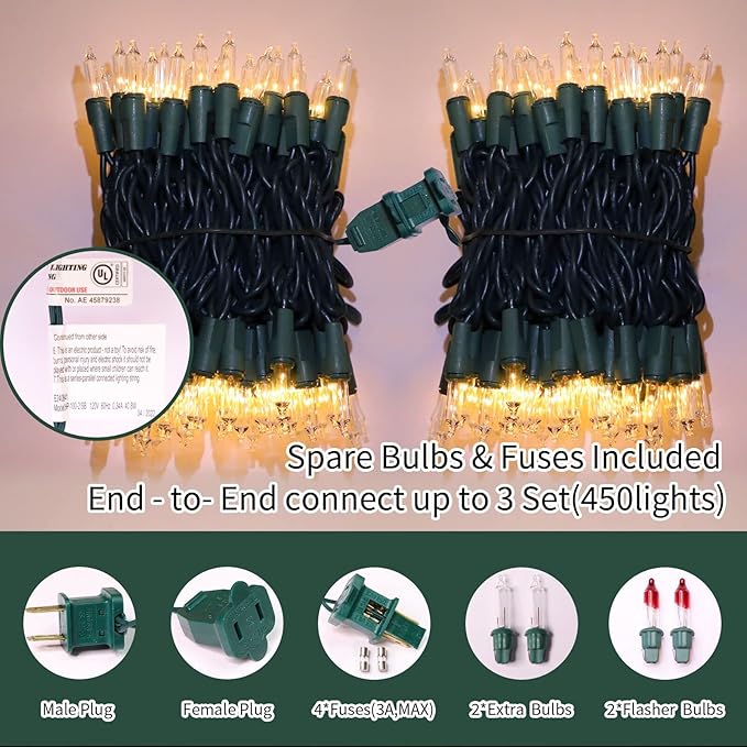 LAMPHOME Clear Christmas String Lights, 150 Count 31.9Ft Incandescent Mini Bulb Lights, Green Wire Waterproof Indoor Outdoor String Lights for Xmas Tree, Garland, Wedding, Party & Holiday Decor
