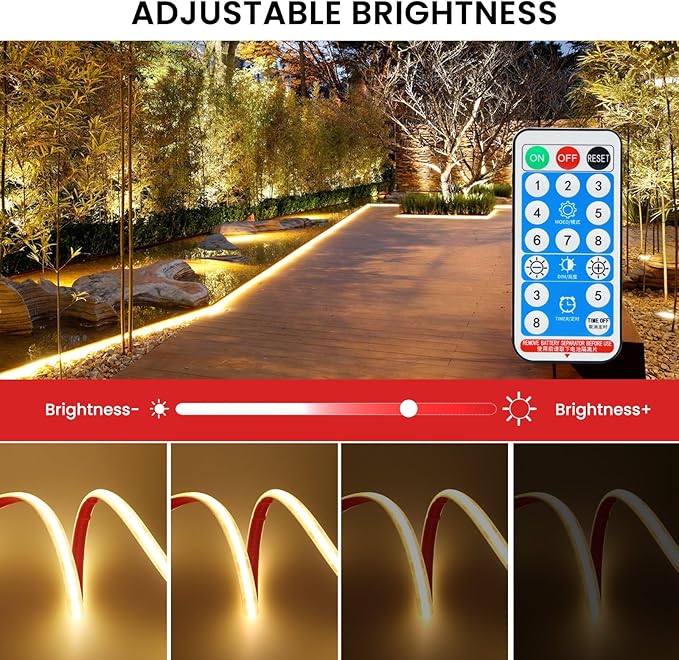 KISUFU 12V COB LED Strip Light with Solar Panel, 320LEDs/m IP68 Waterproof Flexible Dimmable Led Lights with Solar USB Controller Clips for Outdoor Garden, Garage, Eaves, Decoration.