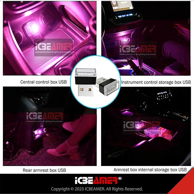 ICBEAMER 2-Pack USB Type-A LED Night Light, Color: Purple | Plug-in Universal Fit Automotive Accessories for Car Interior and Trunk Ambient Atmosphere Lighting