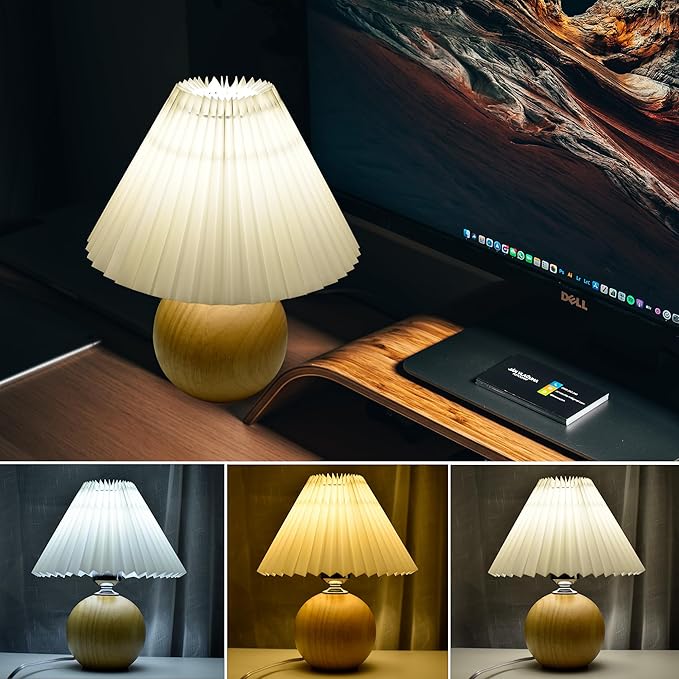 Korean Pleated Table Lamp Ins DIY Ceramic Table Lamps for Living Room Home Deco Cute Lamp with Tricolor Led Bulb Beside Lamp (Wood and White)