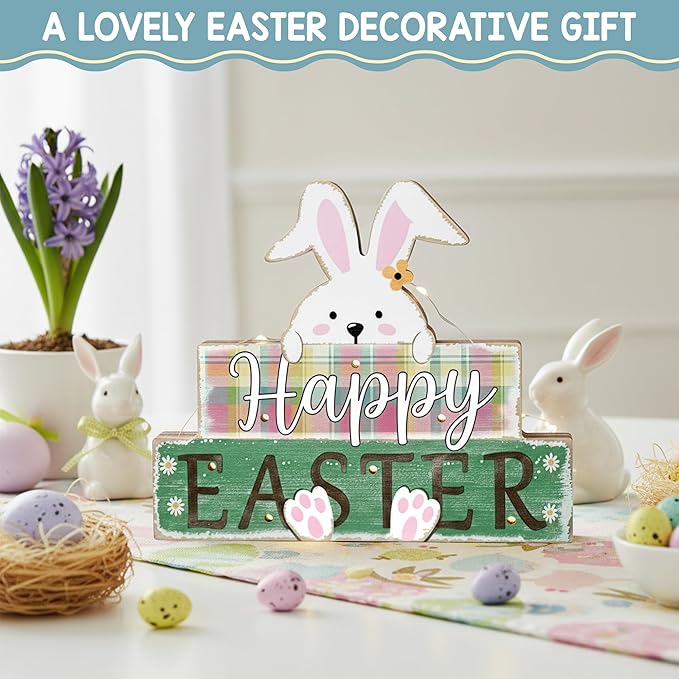 Happy Easter Sign Bunny Decor, Farmhouse Light Up Easter Decorations, Rustic Lighted Spring Decoration With LED Lights, Wooden Rabbit For Home, Office, Kitchen, Table Centerpiece, Tiered Tray, Mantel