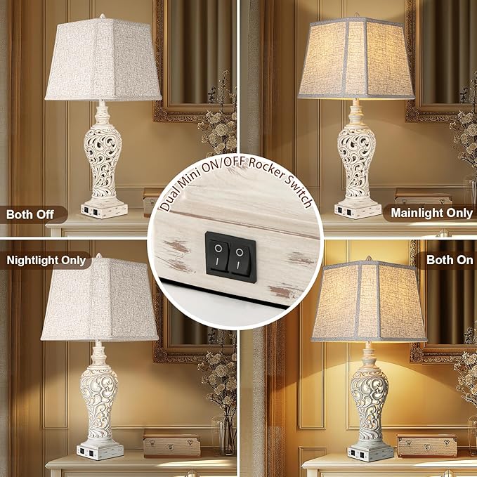 32" Tall Table Lamps Set of 2 - Bedside Lamp with Fabric Shades - for Bedroom and Living Room with USB and Nightlight - Perfect for Nightstands and Bedrooms - Bulbs Included