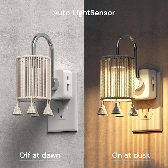 L LOHAS LED Night Lights Plug into Wall, 2 Pack Boho Fabric Cylinder Night Light with Tassel, 0-100LM Dimmable Night Lights, Dusk to Dawn Sensor, Vintage Nightlight for Bedroom, Living Room, Hallway