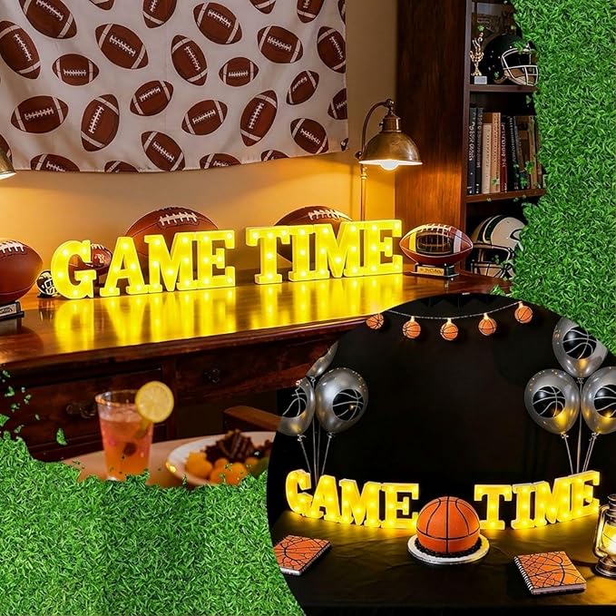 8 Pcs Football Game Time Large LED Letter Sign LED Lights Battery Powered Game Time Table Decorations for Football Theme Party Decoration