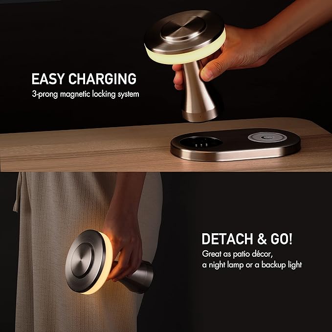 O’Bright - Portable LED Table Lamp with Wireless Charging Pad, Dimmable and Rechargeable Night Lamp, Ambient Light for Patio/Restaurant/Nursery, Bedside Nightstand Lamp, Brushed Nickel