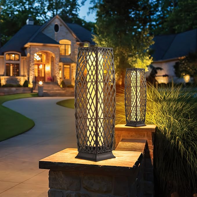 Tangkula 2 Pieces Outdoor Solar Powered Floor Lamps, IP65 Waterproof Wicker Floor Lamps with Auto On/Off LED Light, Outdoor Decor Lanterns for Garden Porch Pool Pathway Driveway (Diamond-Mix Brown)