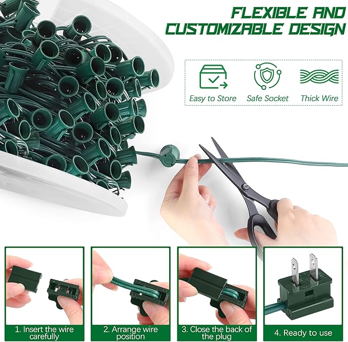 Fovths 250 Ft C9/E17 Christmas Light Sockets Set Outdoor UL Listed String Light Include 250 E17 Socket with 100 Clips, 20 Female Male Plug, Stringer Spool Christmas C9 Green Wire for Patio Event Decor