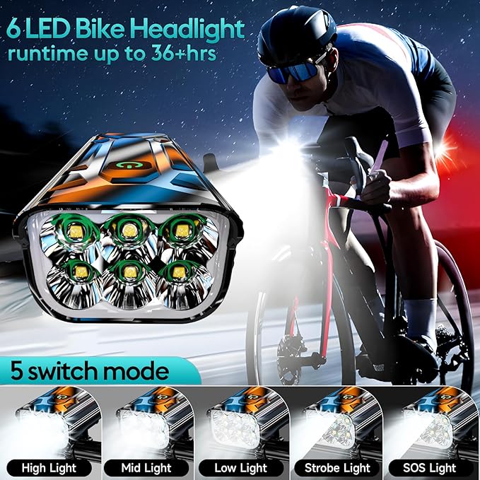 6 LED Super Bright Bike Light for Night Riding,5800 Lumens Upgrade Aluminum 6000 mAh Rechargeable Bicycle Light,Runtime 48+hrs,10 Modes Waterproof Safety Bike Headlight Taillight for Outdoor Cycling