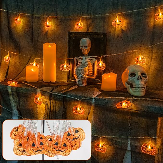 Halloween Lights Pumkin Lights 10FT 20LED with Timer 8 Modes Battery Operated Indoor Outdoor for Halloween Decorations, Pumpkin Decor