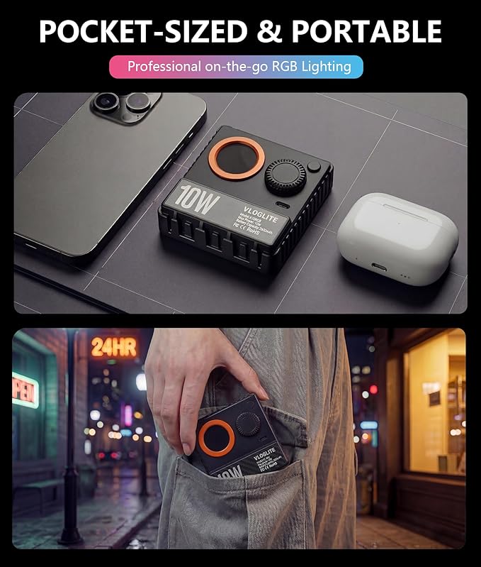 10W Ultra Bright Video Light, Portable LED Camera Light with 1200 Lux, 1800K–9000K Bi-Color, 360° Full Color, Phone Clip, Cold Shoe, On-Camera RGB Selfie Light for Photography, Video, Vlogging