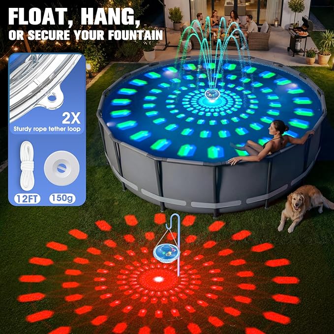 8000mAh Rechargeable Pool Fountain with Lights,2026 Floating Pool Fountain for Above Ground Pool Water Fountain Pump with Anchor,Upgraded Swimming Pool Fountain Floating Pump for Pool Pond-Light Blue