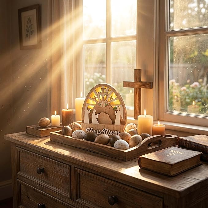 Valery Madelyn Easter Decorations with LED Light, Lighted Empty Tomb Scene and Cross Decoration, Wooden Christian Easter Decor Resurrection Scene for Home Table Shelf, 6.3 inch