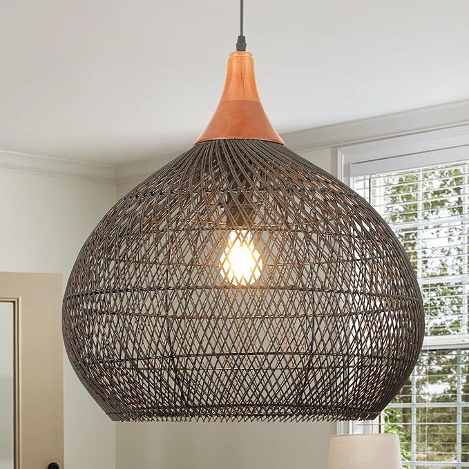 Large Black Rattan Pendant Light, 20" Rattan Chandelier Hand-Woven Wicker Pendant Light Fixtures with Solid Wood, Basket Hanging Lighting for Dining Room Kitchen Island Living Room