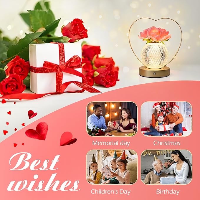 Rose Flower Lamp,Birthday Gifts for Women,Rechargeable Cordless LED Touch Lamps,3-Colour Infinitely Dimming Small Night Light,for Living Room,Dining Room,Bedroom Festival Home Decor