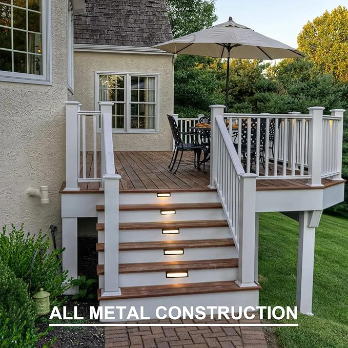GOODSMANN Low Voltage Step Lights Kits 10.6 Inch Outdoor 12V AC Landscape Stair Lights Wired 8PK 6W LED Electric Outdoor Deck Lighting Black Metal 122 Lumens 3000K Warm White with Cable Connectors