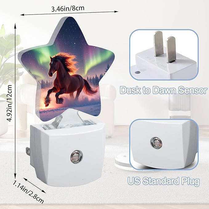 Winter Horse Nightlight,Aurora Forest Star Night Lights Plug into Wall Decorations for Bedroom Bathroom,Dusk to Dawn Sensor Kitchen Hallway Stairs Energy Efficient Desk Lamp