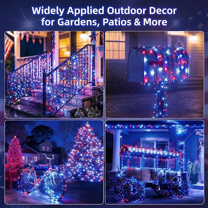 Solar Red White Blue String Lights 46FT 120LED Patriotic Light with 8 Modes Waterproof Solar Powered Outdoor Lights for 4th of July Memorial Day Independence Day Garden Patio Party Decor