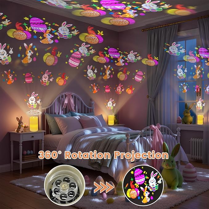 Easter Flameless Candle Projector Light, Easter Decorations Candles Lamp with Cute Bunny/Egg Projection, Battery Operated LED Candle with Remote Timer for Spring Table Home Decor (Ivory - Easter)