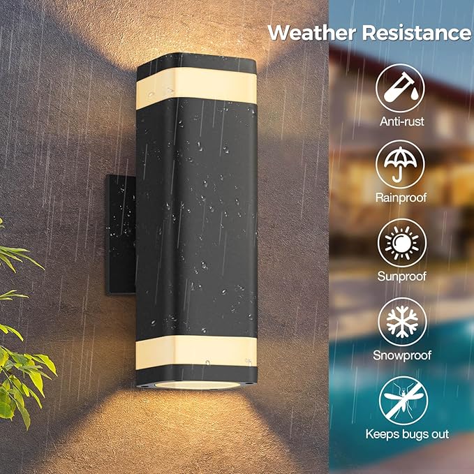 RAYVO Dusk to Dawn Outdoor Wall Light, Modern Up and Down Outdoor Light Fixture with Sensor, Waterproof Aluminum Wall Sconce for Porch Garage Patio, LED Bulbs Included, Black Finish