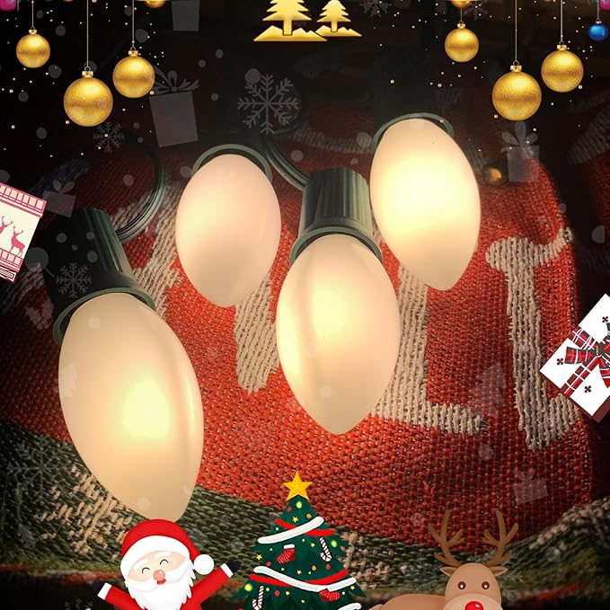 25 Pack Christmas Light Bulbs, C7 Ceramic White Replacement Bulbs, C7 Outdoor String Lights Replacement Bulbs, C7/E12 Candelabra Base, 5 Watt