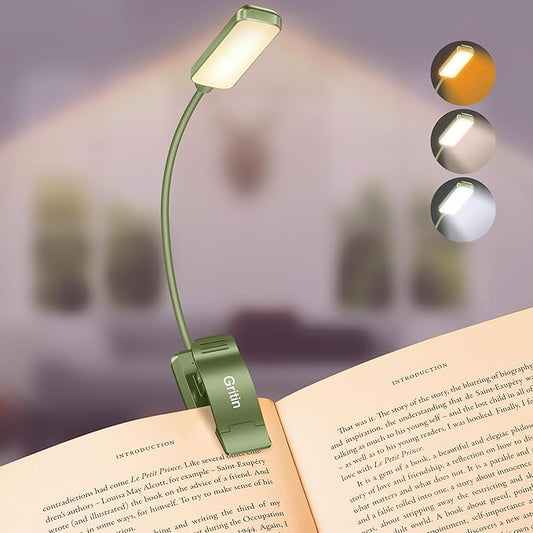 Gritin 9 LED Rechargeable Book Light for Reading in Bed - Eye Caring 3 Color Temperatures,Stepless Dimming Brightness,80 Hrs Runtime Small Lightweight Clip On Book Reading Light -Intense Green