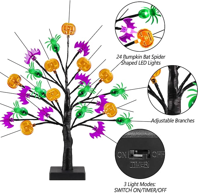 [Timer] Halloween Decor 18 Inch Black Halloween Tree with 24 LED Pumpkin Bat Spider Light, USB/Battery Operated Lighted Birch Tree Spooky Halloween Table Decorations Indoor Outdoor for Home Room Party