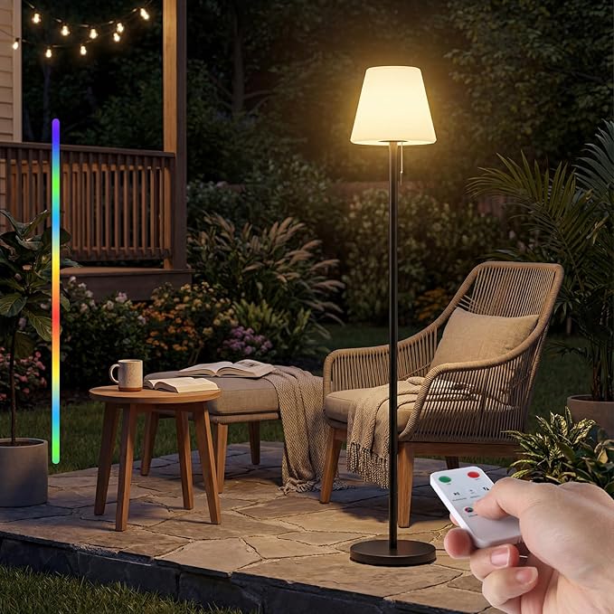 Outdoor Floor Lamp Solar/USB Charging Outdoor Lamps for Patio Waterproof Cordless Floor Lamp Rechargeable Patio Lamp with Light Sensor,Dimmable Warm White+RGB LED Ambient Light for Yard Garden.
