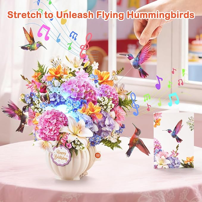 Pop Up Birthday Card with Music & Lights, 3D Pull-Out Flying Hummingbird Flower Bouquet Greeting Card, Elegant Floral Birthday Keepsake Gift with Envelope for Women Wife Mom Sister Friends Her