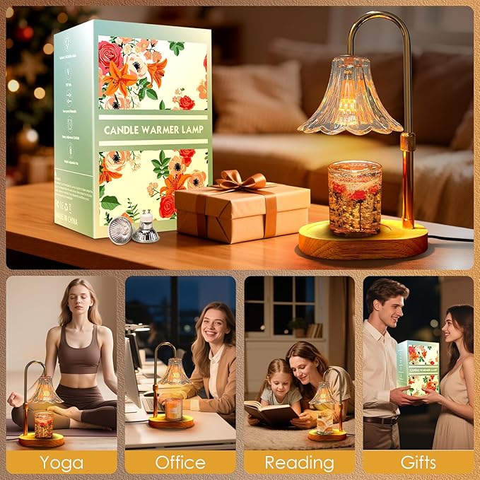 Candle Warmer Lamp with Timer: Valentine Gifts for Women Mom, Adjustable Height, 3 Timing Mode, 4 Level Dimmable Flower Candle Warmer with 2 Bulbs for House Warming Gifts Room Decor
