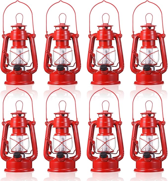 Hortsun 8 Pcs 8 Inch Vintage LED Hurricane Lantern Metal Red Outdoor Battery Operated Hanging Lantern with Warm LEDs and Dimmer Switch for Halloween Christmas Indoor Rustic Farmhouse Camping Decor