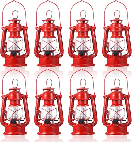 Hortsun 8 Pcs 8 Inch Vintage LED Hurricane Lantern Metal Red Outdoor Battery Operated Hanging Lantern with Warm LEDs and Dimmer Switch for Halloween Christmas Indoor Rustic Farmhouse Camping Decor