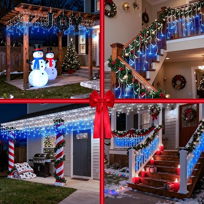 612 LED String lights Indoor Outdoor, 60ft Christmas Window Lights with 136 Drops 12 Modes, Dimmable Curtain Lights, Fairy Lights for Bedroom Holiday Wedding Party Home Decorations, Blue & White