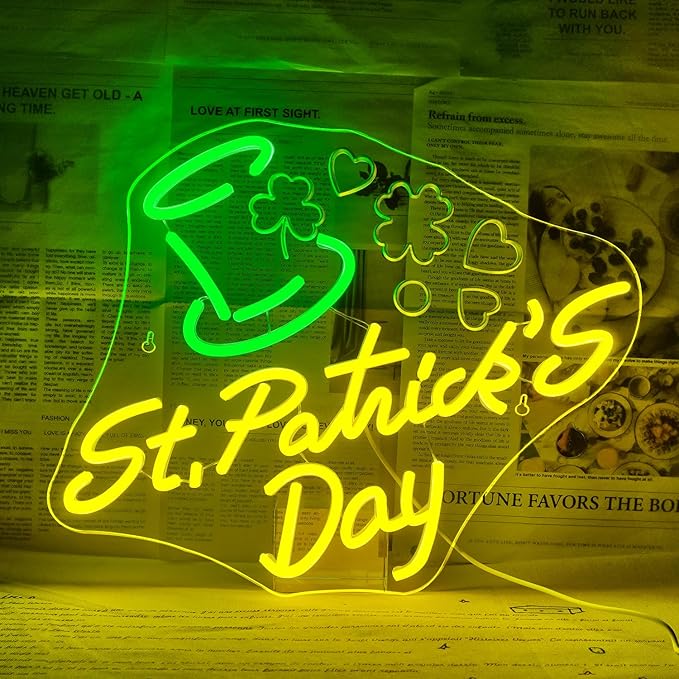 St Patricks Day Neon Sign,Dimmable St. Patrick's Day Neon Signs for Wall Decor,Green Hat Clover Neon Light Happy St. Patrick's Day Decoration USB Led Sign for Bedroom Living Room Wall Art