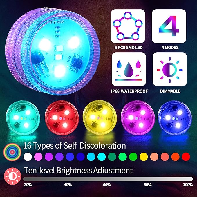 ALED LIGHT Submersible Led Lights with Remote,6 PCS Mini RGBW Pool Light,Waterproof Pond Tea Light,Underwater Lights,Suitable for Vases, Fish Tanks, Hot Tubs, Parties,Wedding,Halloween,Christmas Decor