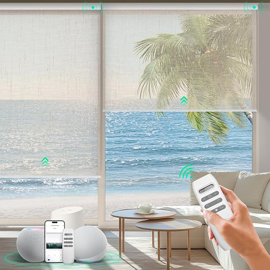 HeyBlinds Motorized Roller Shades, Smart Blinds for Windows, Remote Automatic Window Shades, Electric Shades, Light Filtering, Compatible with Alexa Google Apple Home (Starry-Latte LF)