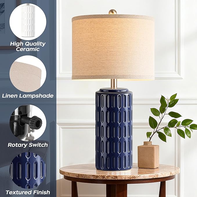 PARTPHONER 23" Farmhouse Modern Ceramic Table Lamp Set of 2 - Navy Blue Bedside Lamps for Bedroom & Living Room, Nightstand, Desk, End Table